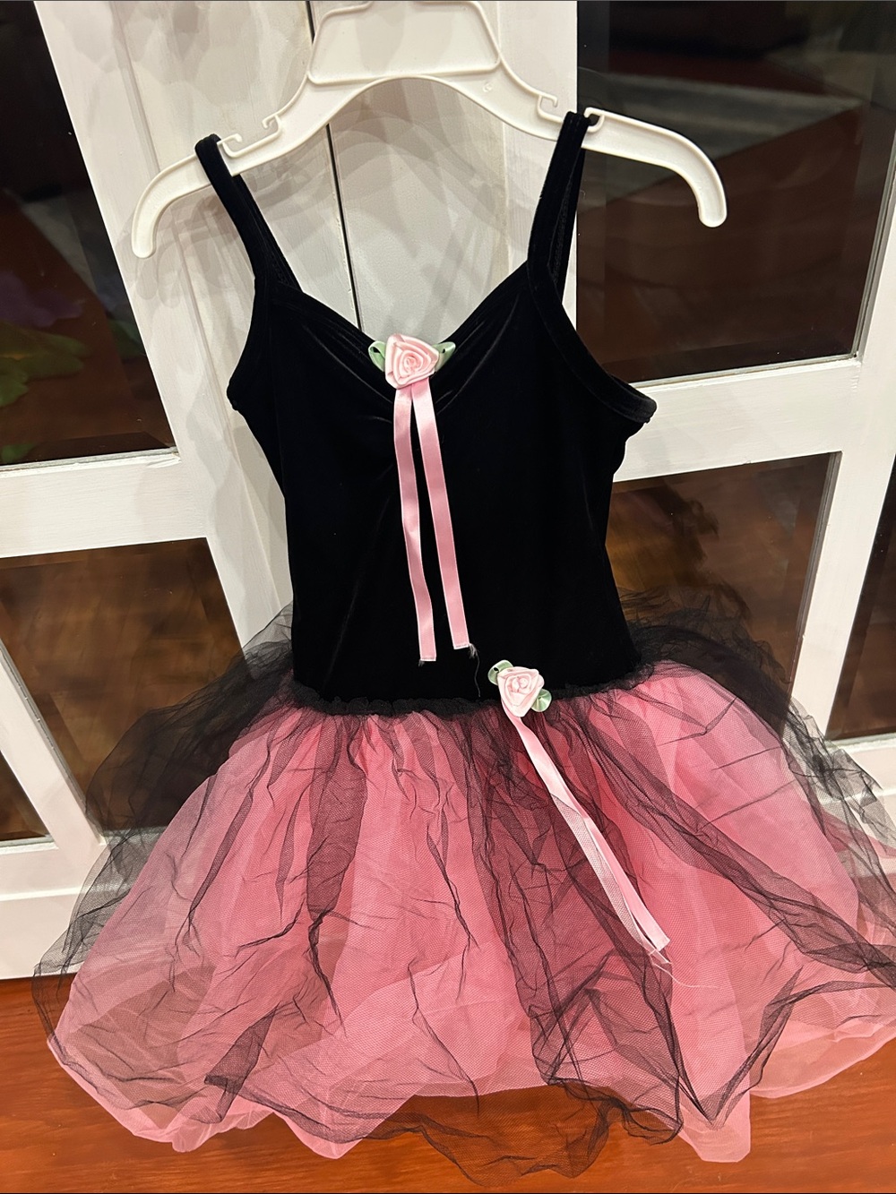 Girls Black and Pink Tulle Ballet Costume with Rose Details